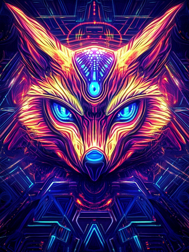 Neon-värinen kettu, jonka kirkkaat siniset silmät hehkuvat futuristisessa taustassa, täynnä yksityiskohtaisia geometrisia kuvioita.